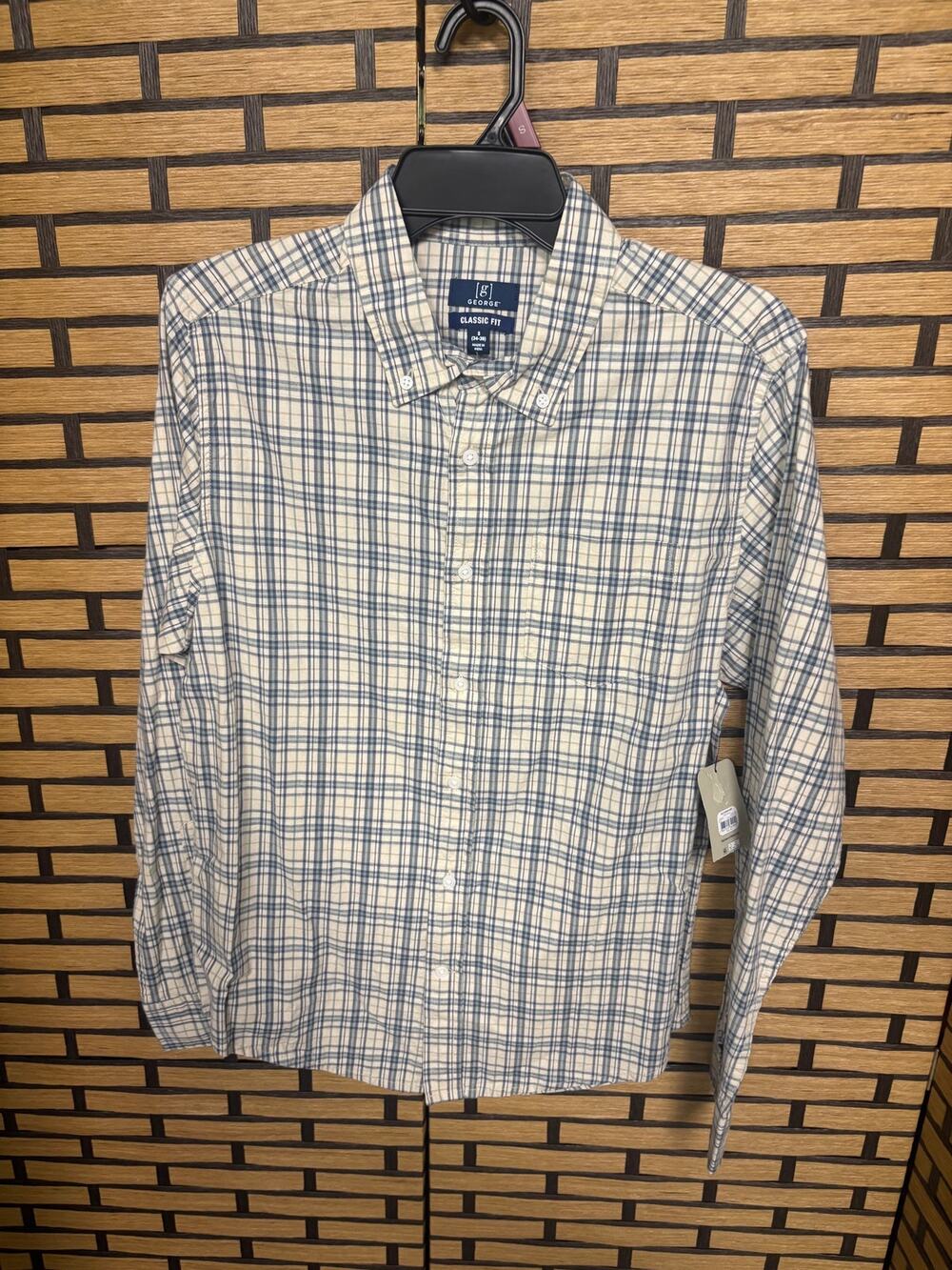 George White And Blue Plaid Long Sleeve Button Down Shirt Size Small